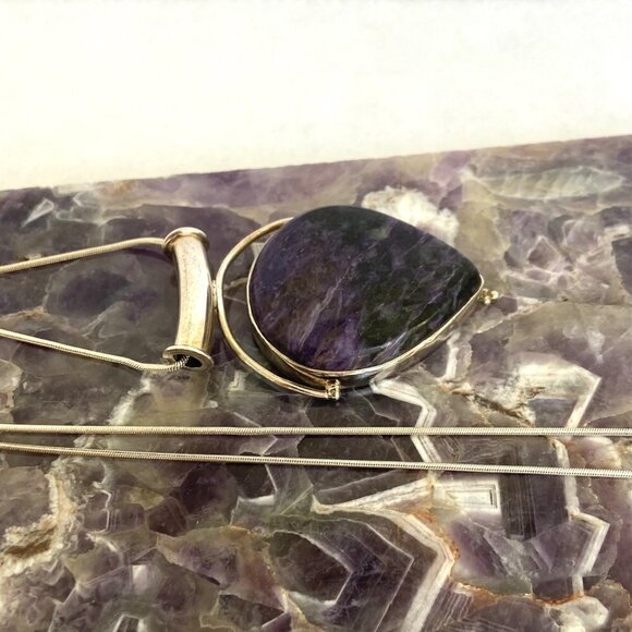 Sterling Silver 925 Teardrop Bezel Set Purple Charoite Pendant Necklace 20" - Picture 8 of 16
